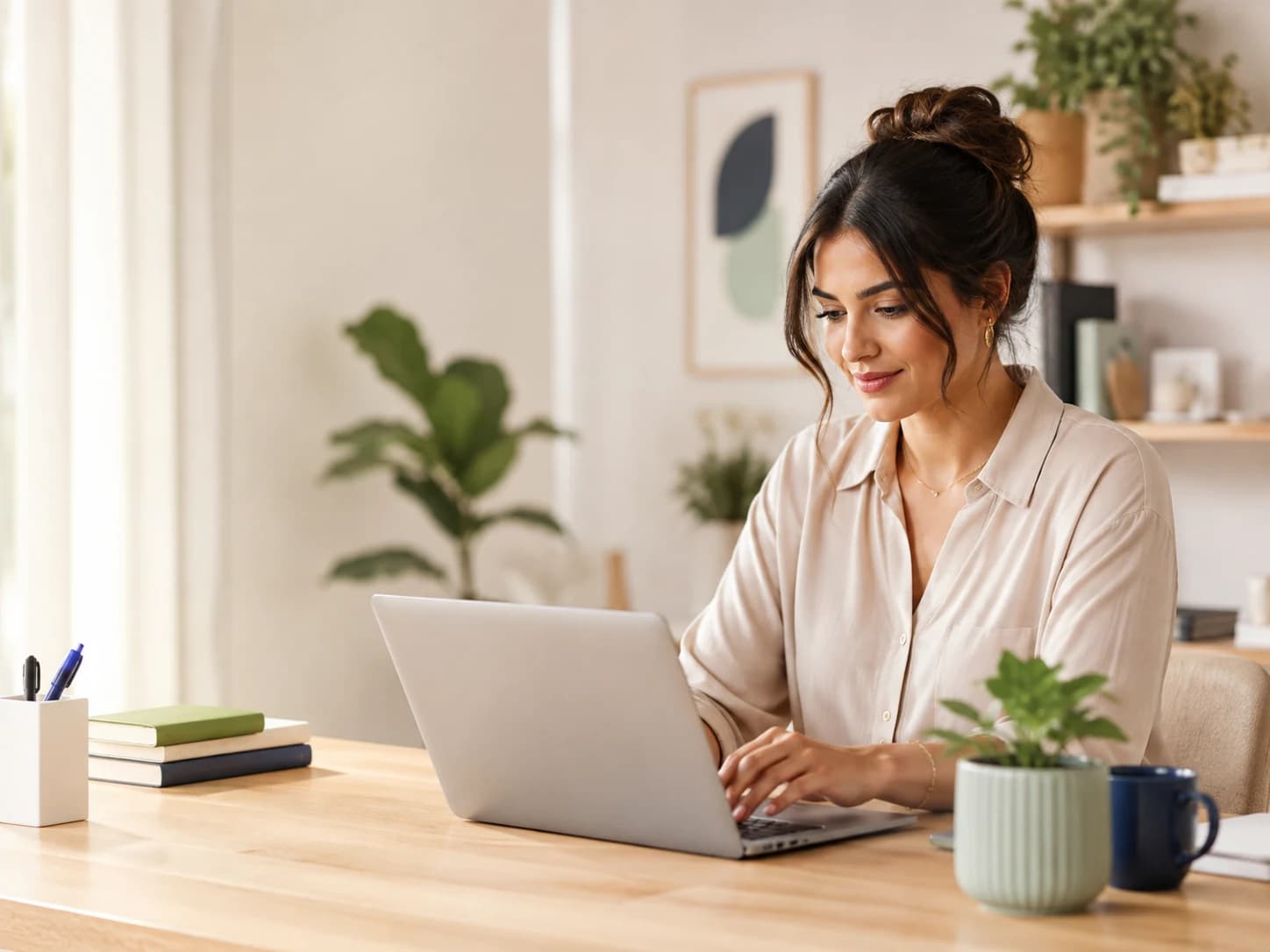 Professional working at a laptop in a bright workspace