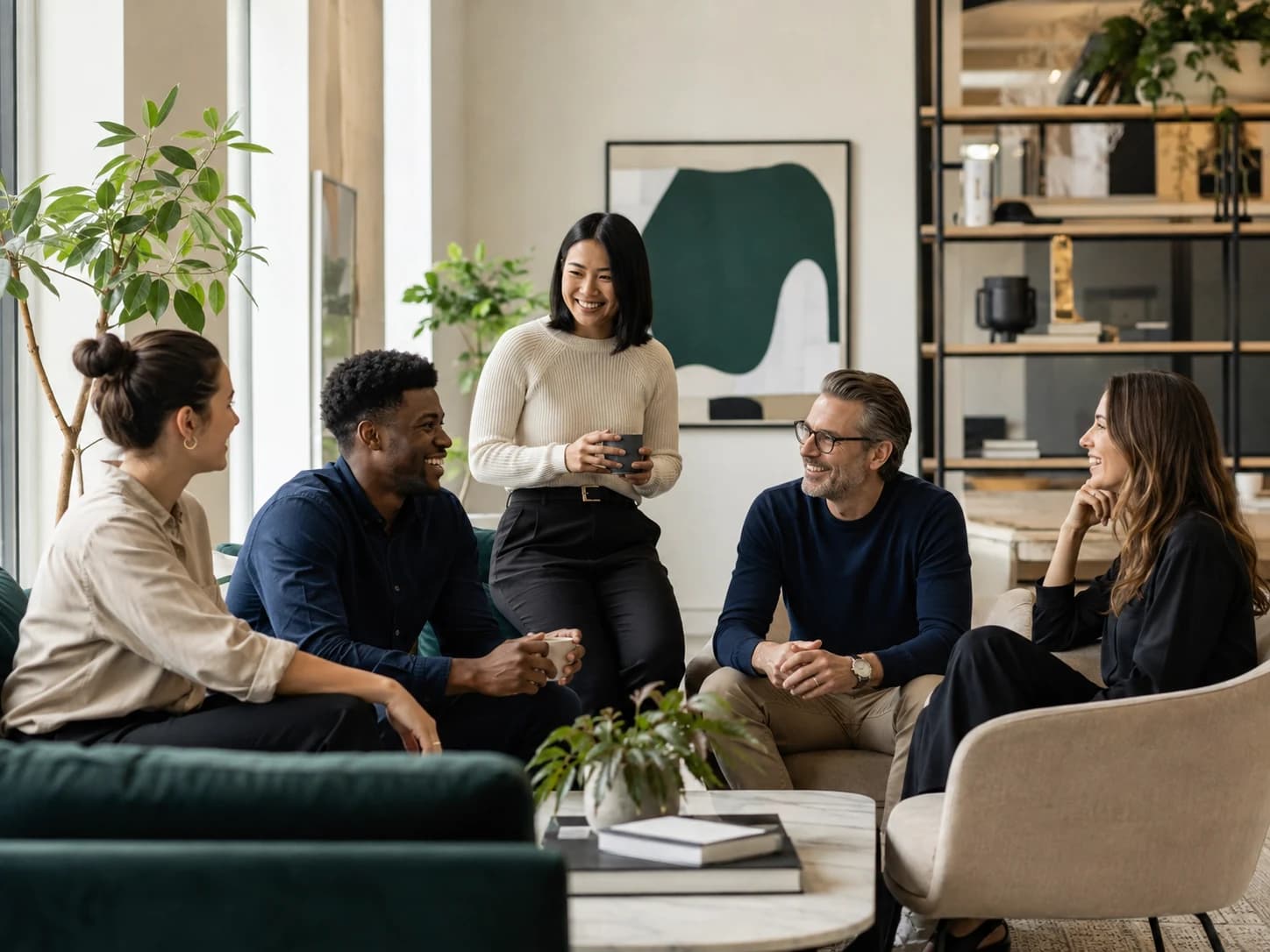 A professional team collaborating in a modern workspace