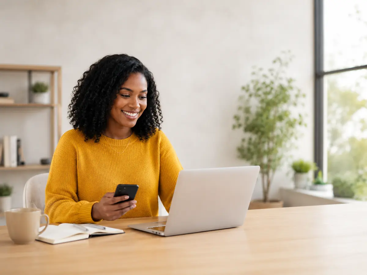 A freelancer working with a laptop and phone in a bright workspace