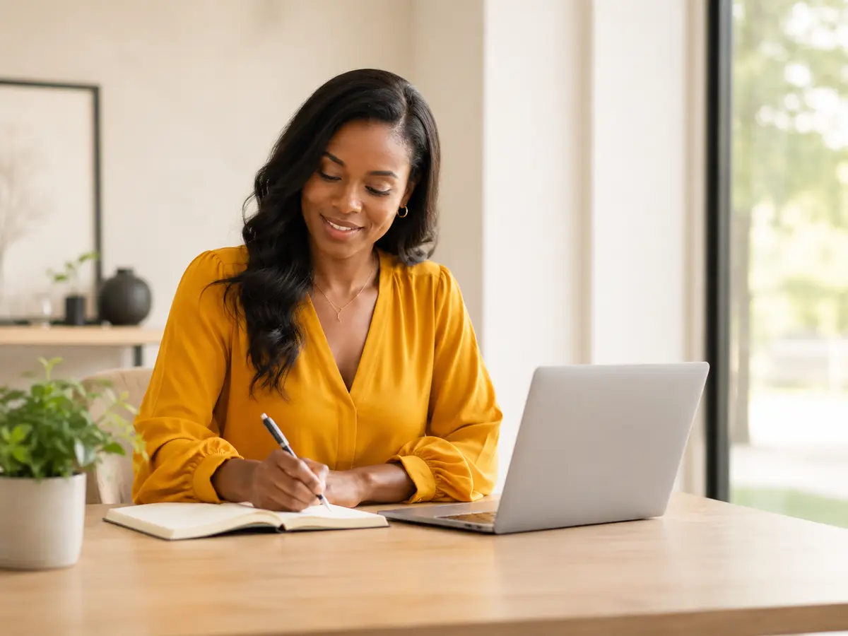 A professional preparing a project brief beside a laptop